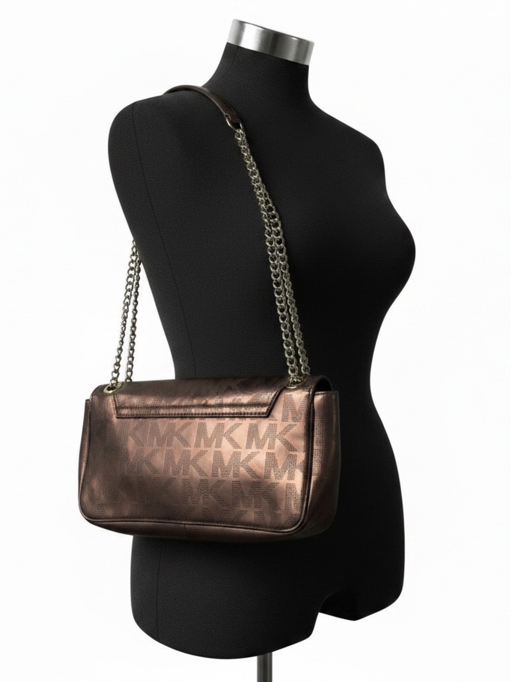 Michael Kors Metallic Bronze Perforated Logo Chain Shoulder Bag - Picture 3 of 16